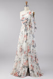 One Shoulder Ivory Floral Wedding Guest Dress with Slit
