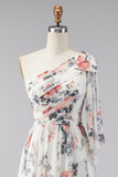 One Shoulder Ivory Floral Wedding Guest Dress with Slit