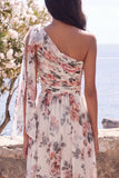 One Shoulder Ivory Floral Wedding Guest Dress with Slit