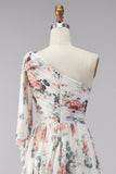 One Shoulder Ivory Floral Wedding Guest Dress with Slit