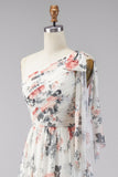 One Shoulder Ivory Floral Wedding Guest Dress with Slit