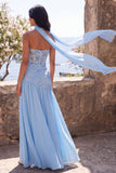 Strapless Blue Floral Applique Maxi Dress with Scarf