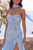 Strapless Blue Floral Applique Maxi Dress with Scarf