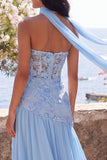 Strapless Blue Floral Applique Maxi Dress with Scarf