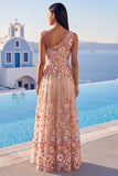 Champagne One Shoulder Floral Wedding Guest Dress with Slit