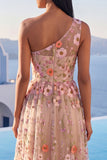 Champagne One Shoulder Floral Wedding Guest Dress with Slit
