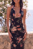Ivory Floral Halter Maxi Wedding Guest Dress with Twist Front