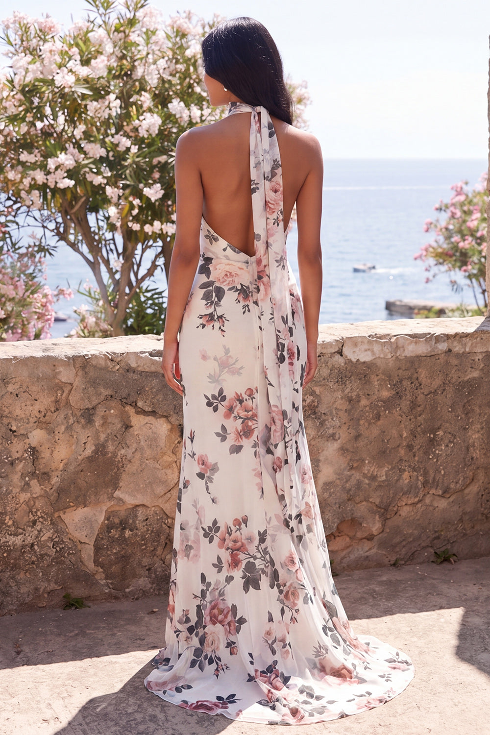 halter maxi dress wedding guest Wedtrend Women Ivory Wedding Guest Dress with Twist Front Floral Halter  Ruched Mermaid Long Party Dress – WEDTREND