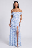 Off the Shoulder Ruched Light Blue Floral Maxi Dress with Slit