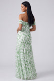 Off the Shoulder Ruched Light Blue Floral Maxi Dress with Slit