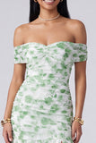 Off the Shoulder Ruched Light Blue Floral Maxi Dress with Slit