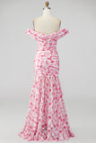 Off the Shoulder Ruched Light Blue Floral Maxi Dress with Slit