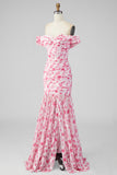 Off the Shoulder Ruched Light Blue Floral Maxi Dress with Slit