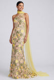 Yellow Floral Appliqued One Shoulder Mermaid Maxi Dress with Sash