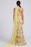Yellow Floral Appliqued One Shoulder Mermaid Maxi Dress with Sash