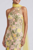 Yellow Floral Appliqued One Shoulder Mermaid Maxi Dress with Sash