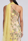 Yellow Floral Appliqued One Shoulder Mermaid Maxi Dress with Sash