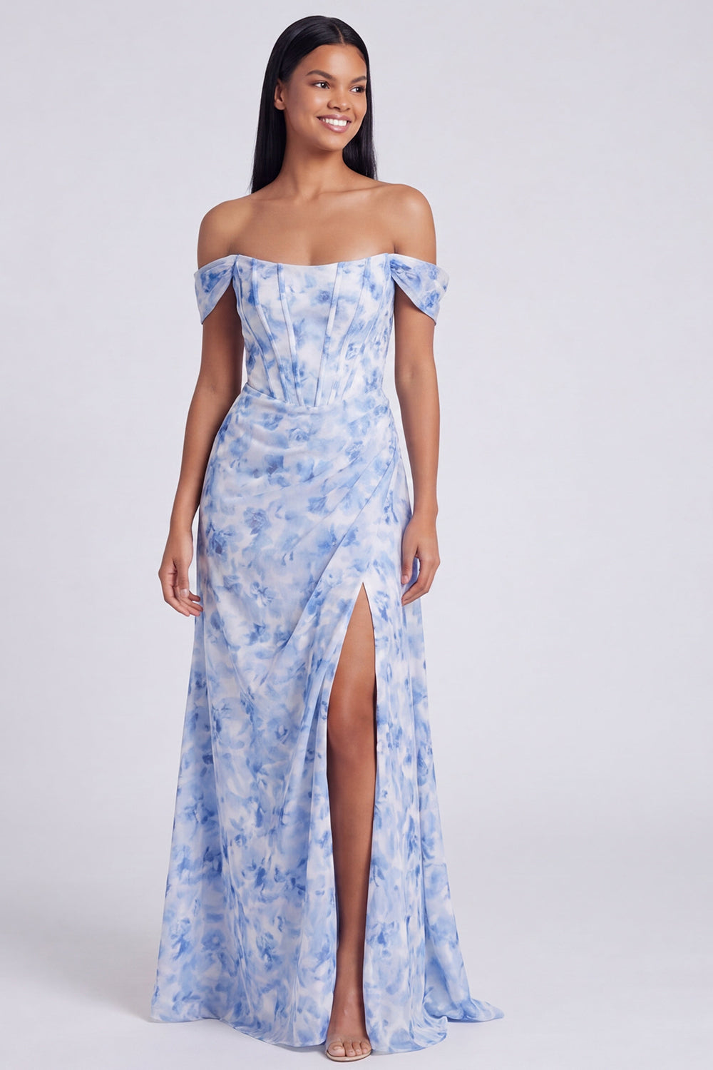 Wedtrend Women Off The Shoulder Blue Floral Bridesmaid Dress A Line Corset Maxi Wedding Guest Dress with Slit – WEDTREND