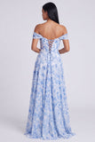 Off The Shoulder Blue Floral Corset A Line Maxi Dress with Slit