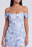 Off The Shoulder Blue Floral Corset A Line Maxi Dress with Slit