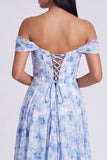 Off The Shoulder Blue Floral Corset A Line Maxi Dress with Slit