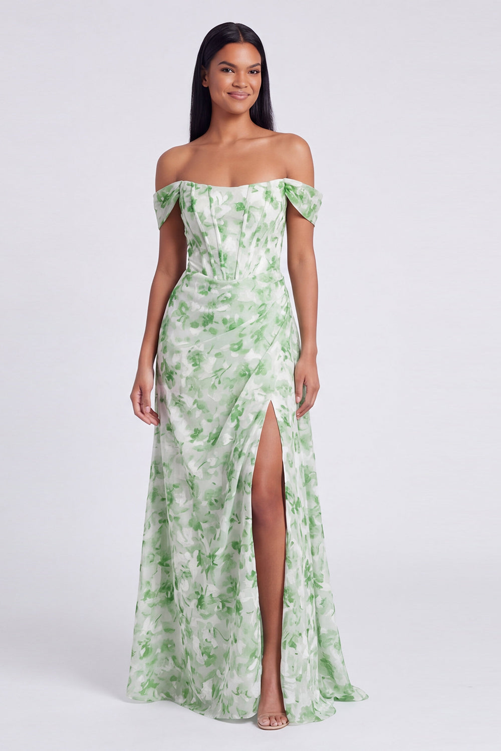 Wedtrend Women Off The Shoulder Blue Floral Bridesmaid Dress A Line Corset Maxi Wedding Guest Dress with Slit, Light Green / US22W