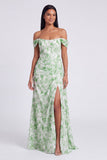 Off The Shoulder Blue Floral Corset A Line Maxi Dress with Slit
