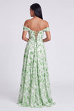 Off The Shoulder Blue Floral Corset A Line Maxi Dress with Slit