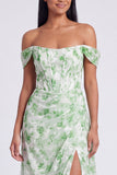 Off The Shoulder Blue Floral Corset A Line Maxi Dress with Slit