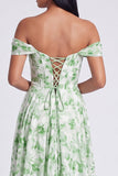 Off The Shoulder Blue Floral Corset A Line Maxi Dress with Slit