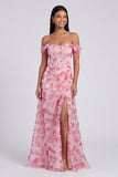 Off The Shoulder Blue Floral Corset A Line Maxi Dress with Slit