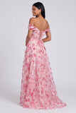 Off The Shoulder Blue Floral Corset A Line Maxi Dress with Slit