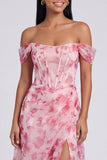 Off The Shoulder Blue Floral Corset A Line Maxi Dress with Slit