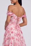 Off The Shoulder Blue Floral Corset A Line Maxi Dress with Slit