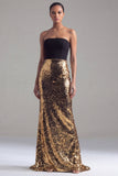 Black and Gold Sequin Strapless Mermaid Long Formal Dress
