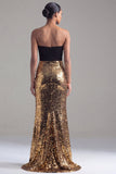 Black and Gold Sequin Strapless Mermaid Long Formal Dress