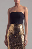 Black and Gold Sequin Strapless Mermaid Long Formal Dress