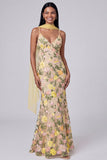 Yellow Floral Embroidered Spaghetti Straps Mermaid Maxi Dress with Scarf