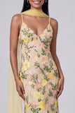 Yellow Floral Embroidered Spaghetti Straps Mermaid Maxi Dress with Scarf