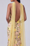 Yellow Floral Embroidered Spaghetti Straps Mermaid Maxi Dress with Scarf