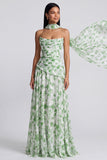 Strapless Light Green Floral A Line Maxi Dress with Scarf