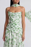 Strapless Light Green Floral A Line Maxi Dress with Scarf