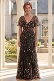 Black A Line V Neck Floral Tulle Long Mother of the Bride Dress with Flutter Sleeves