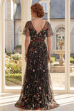 Black A Line V Neck Floral Tulle Long Mother of the Bride Dress with Flutter Sleeves