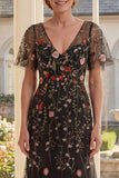 Black A Line V Neck Floral Tulle Long Mother of the Bride Dress with Flutter Sleeves