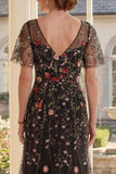 Black A Line V Neck Floral Tulle Long Mother of the Bride Dress with Flutter Sleeves