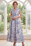 White Blue Flower Jacquard Collar A Line Mother of the Bride Dress with Cap Sleeves