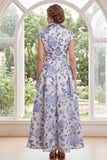 White Blue Flower Jacquard Collar A Line Mother of the Bride Dress with Cap Sleeves