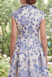 White Blue Flower Jacquard Collar A Line Mother of the Bride Dress with Cap Sleeves