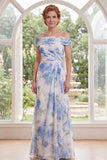 Off the Shoulder Ruched Chiffon White Blue Flower Mother of the Bride Dress
